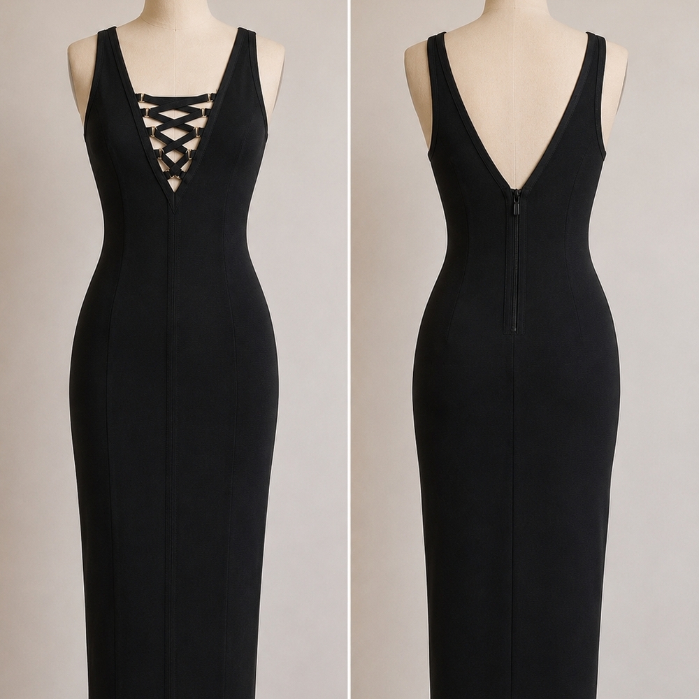 House of CB Black Lace-Up V-Neck Midi Dress